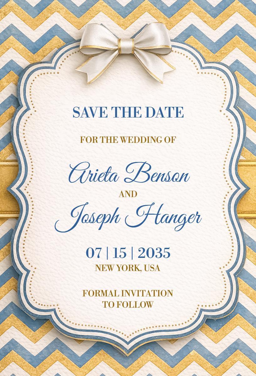 Chevron Pattern Blue Gold Save The Date Wedding Invitation Template