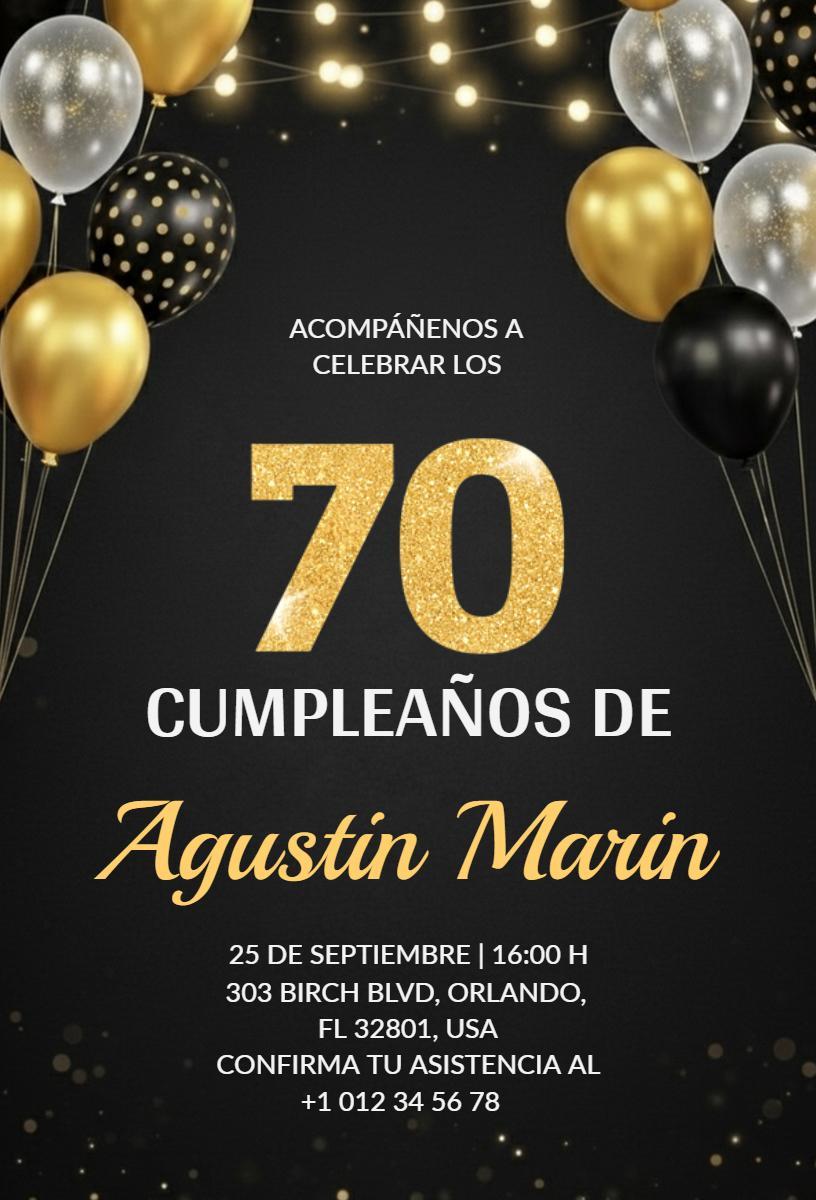 Chic Black and Gold 70th Birthday Celebration Invitation Template