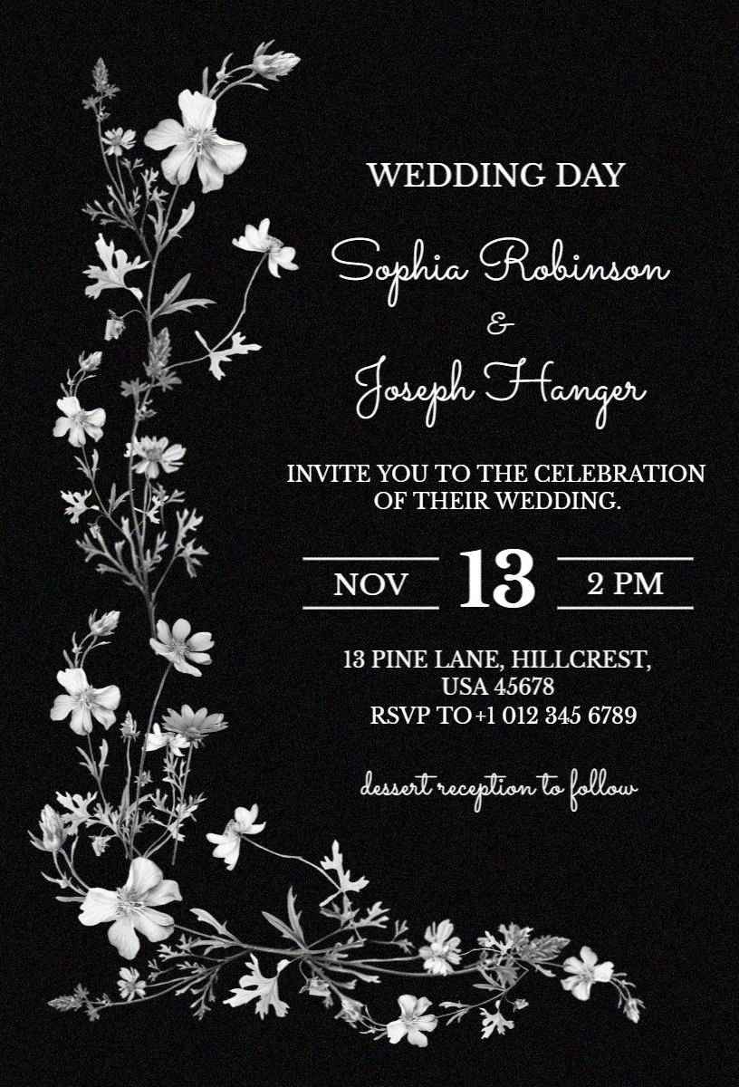 Chic Black and White Floral Wedding Celebration Invitation Template