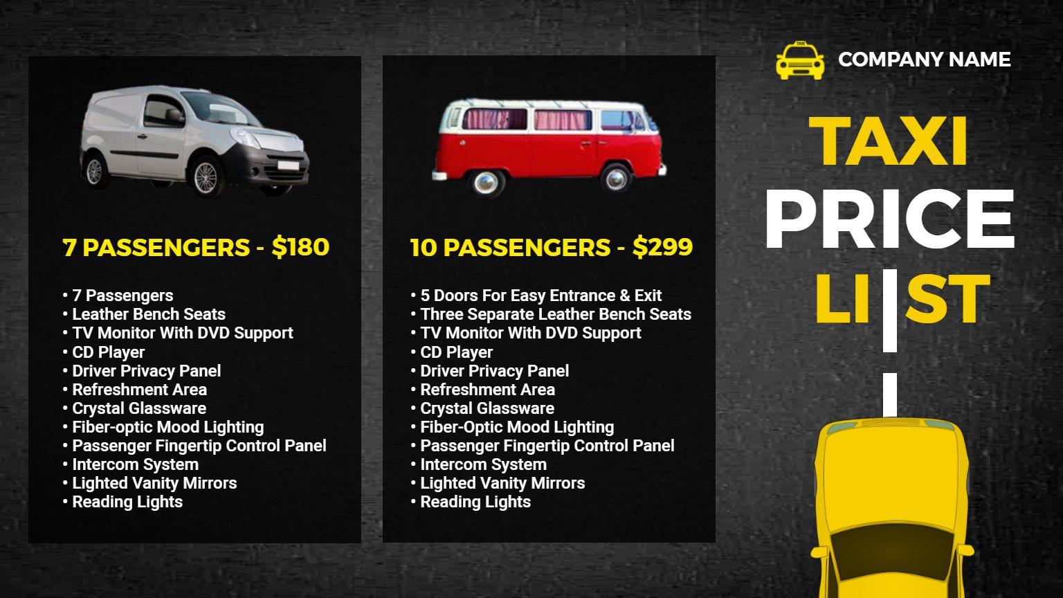 Chic Black and Yellow Modern Taxi Price List Template