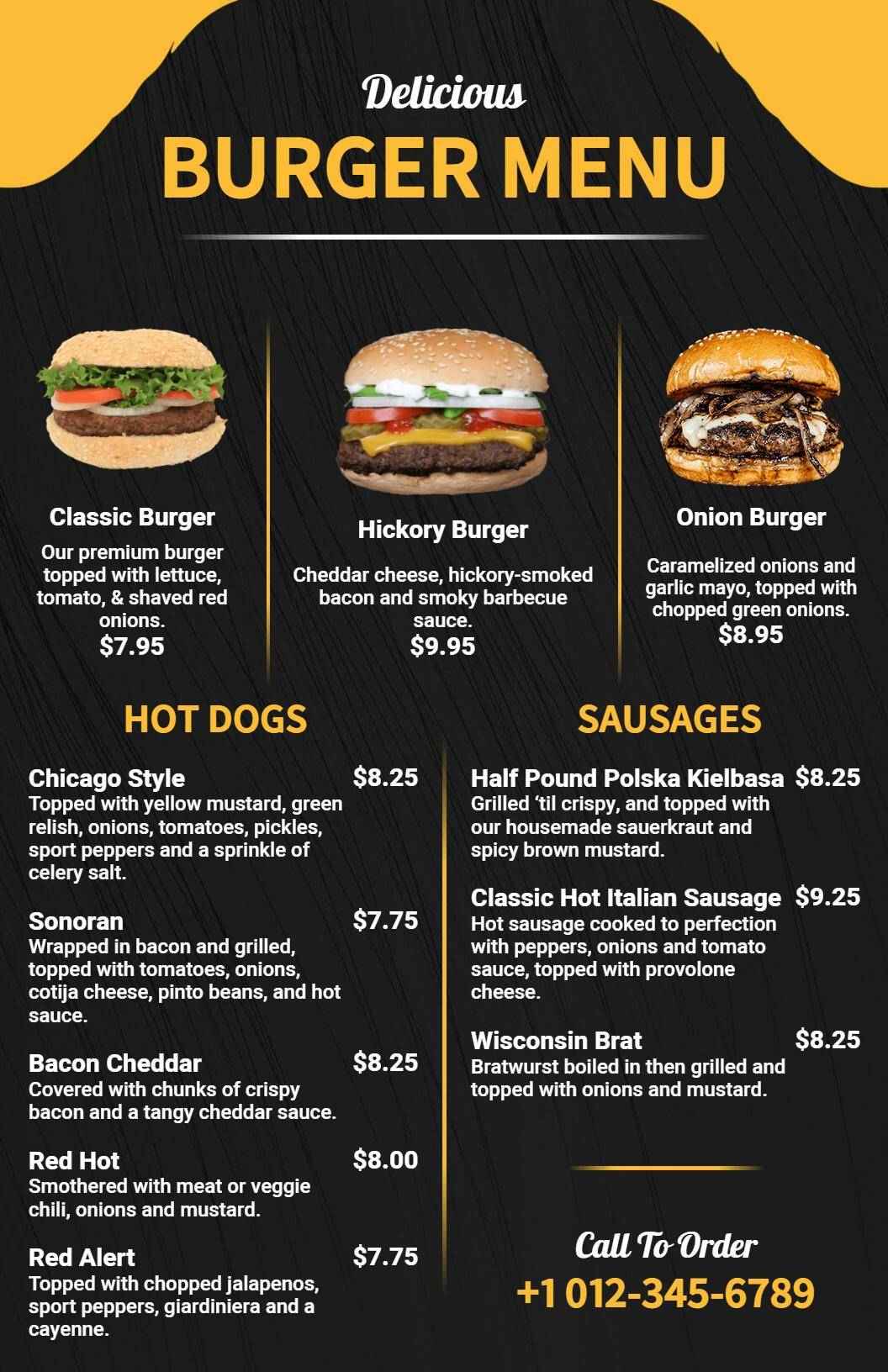 Chic Black and Yellow Theme Burger Menu Template