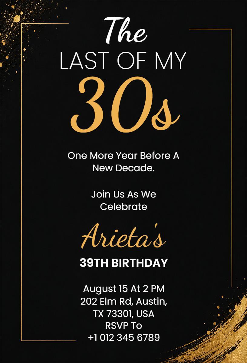 Chic Black Gold 39th Birthday Celebration Invitation Template