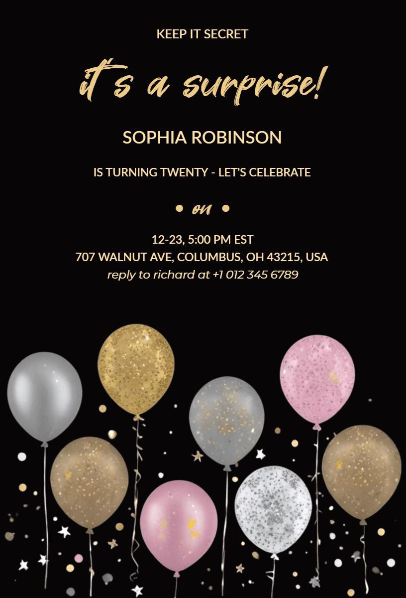 Chic Black Gold Balloon Surprise Birthday Party Invitation Template