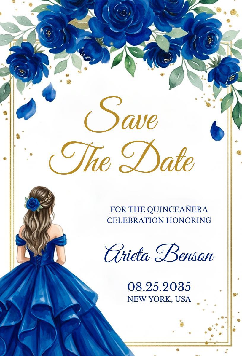 Chic Blue Floral Quinceañera Save The Date Invitation Template