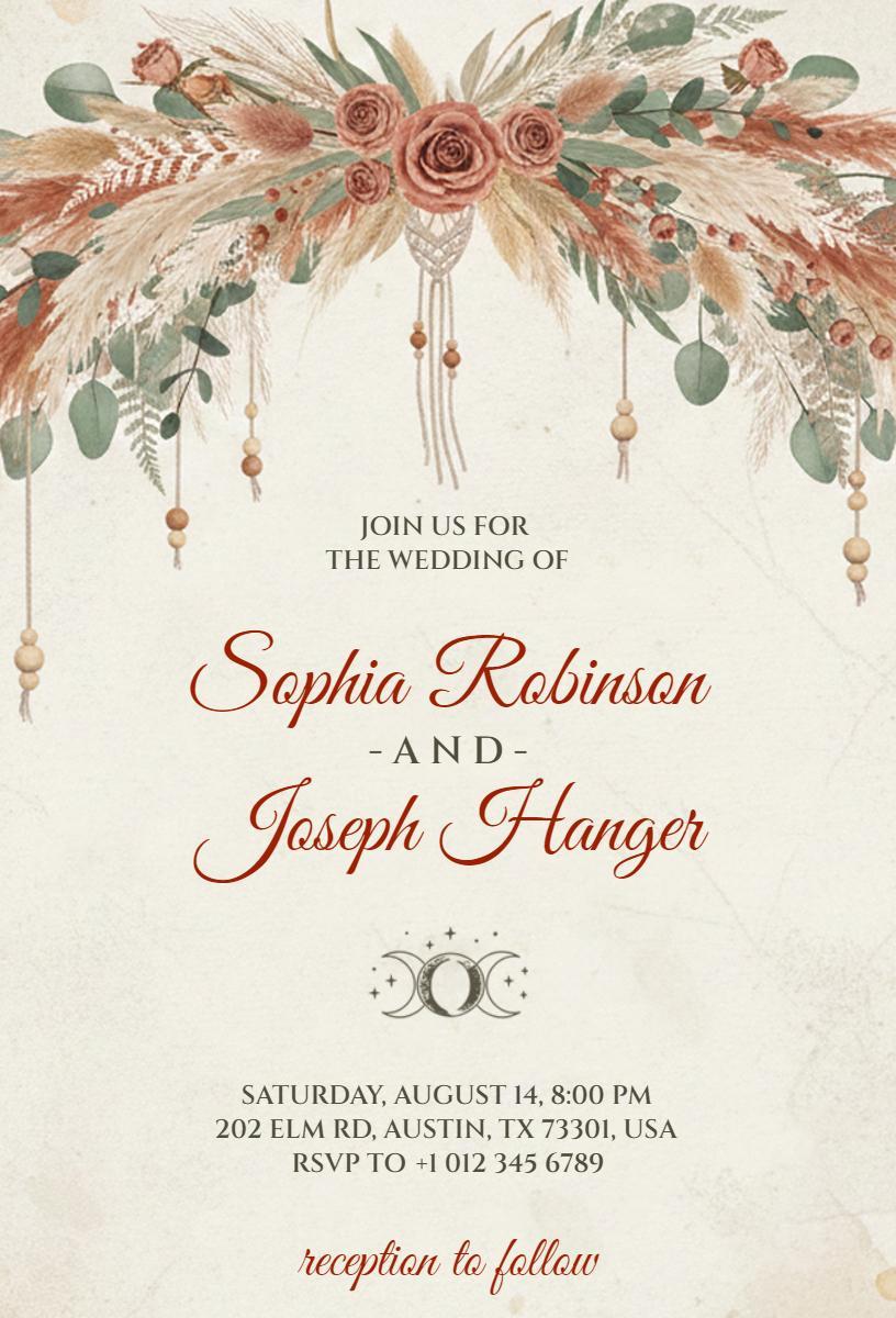 Chic Boho Floral Wedding Ceremony Celebration Invitation Template
