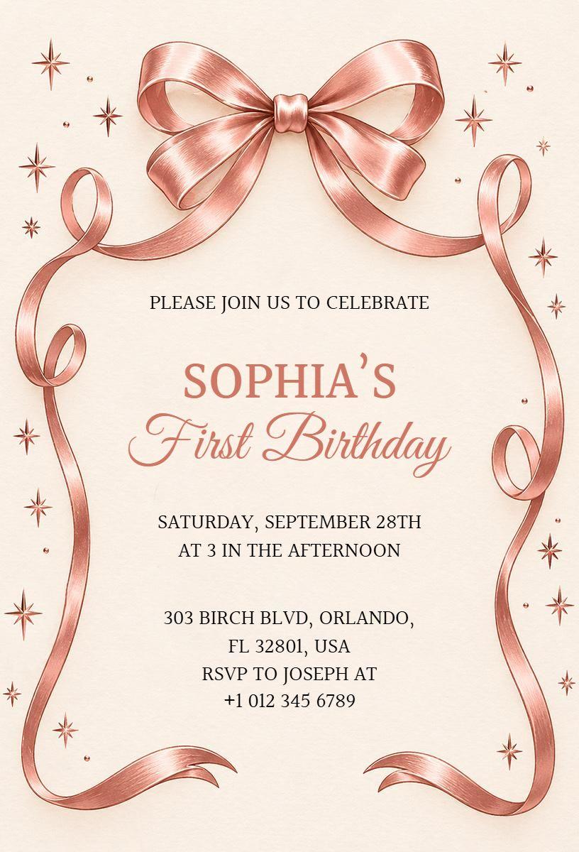 Chic Bow Pink First Birthday Celebration Invitation Template