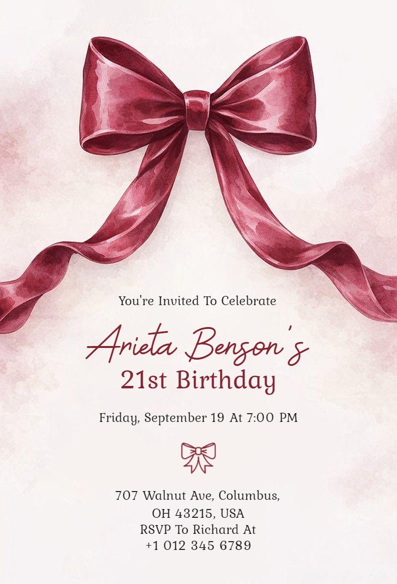 Chic Bow Themed 21st Birthday Celebration Invitation Template