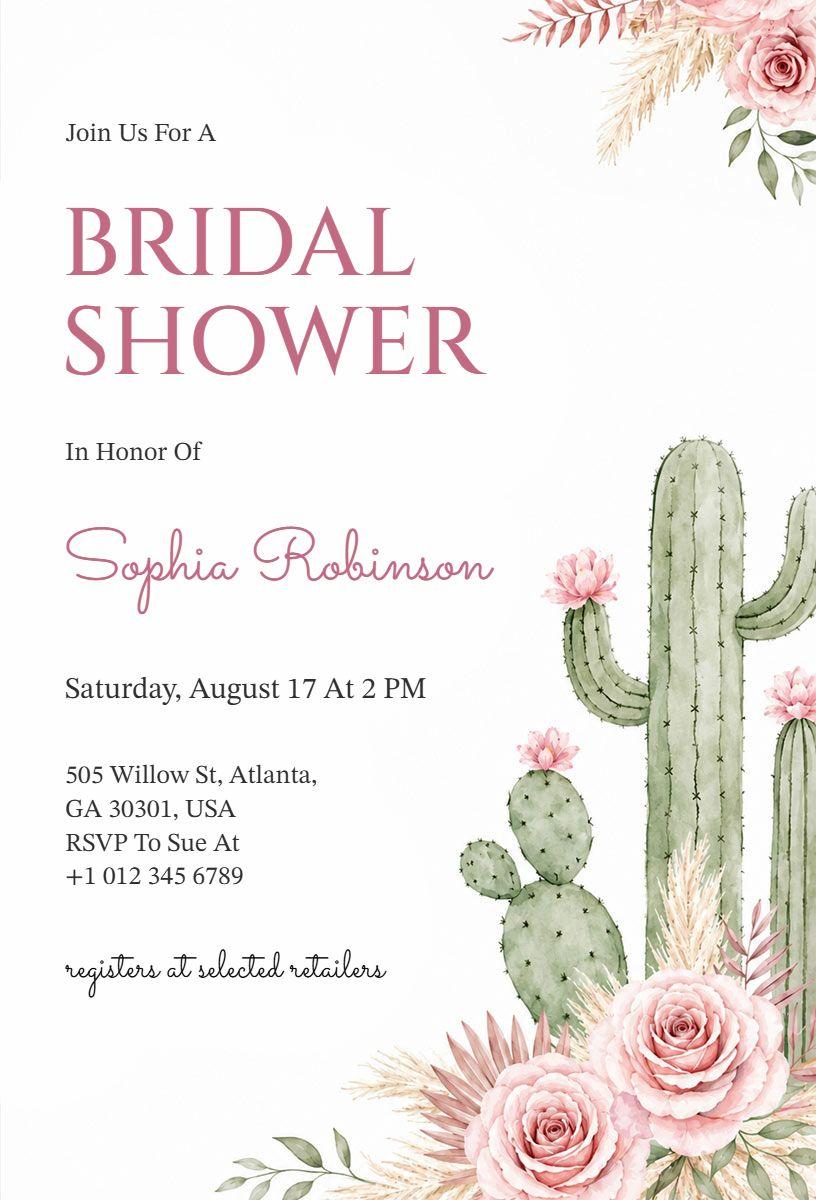 Chic Cactus Floral Bridal Shower Celebration Invitation Template