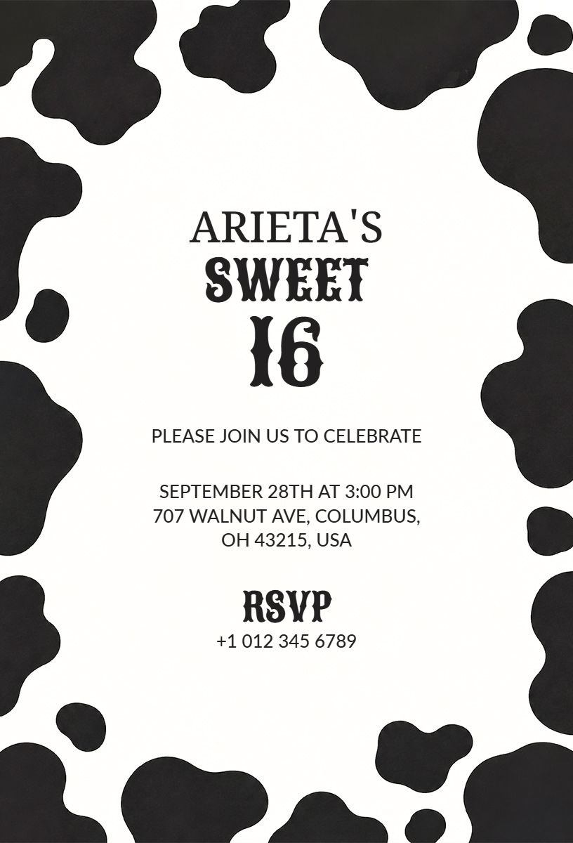 Chic Cow Print Sweet 16 Birthday Celebration Invitation Template