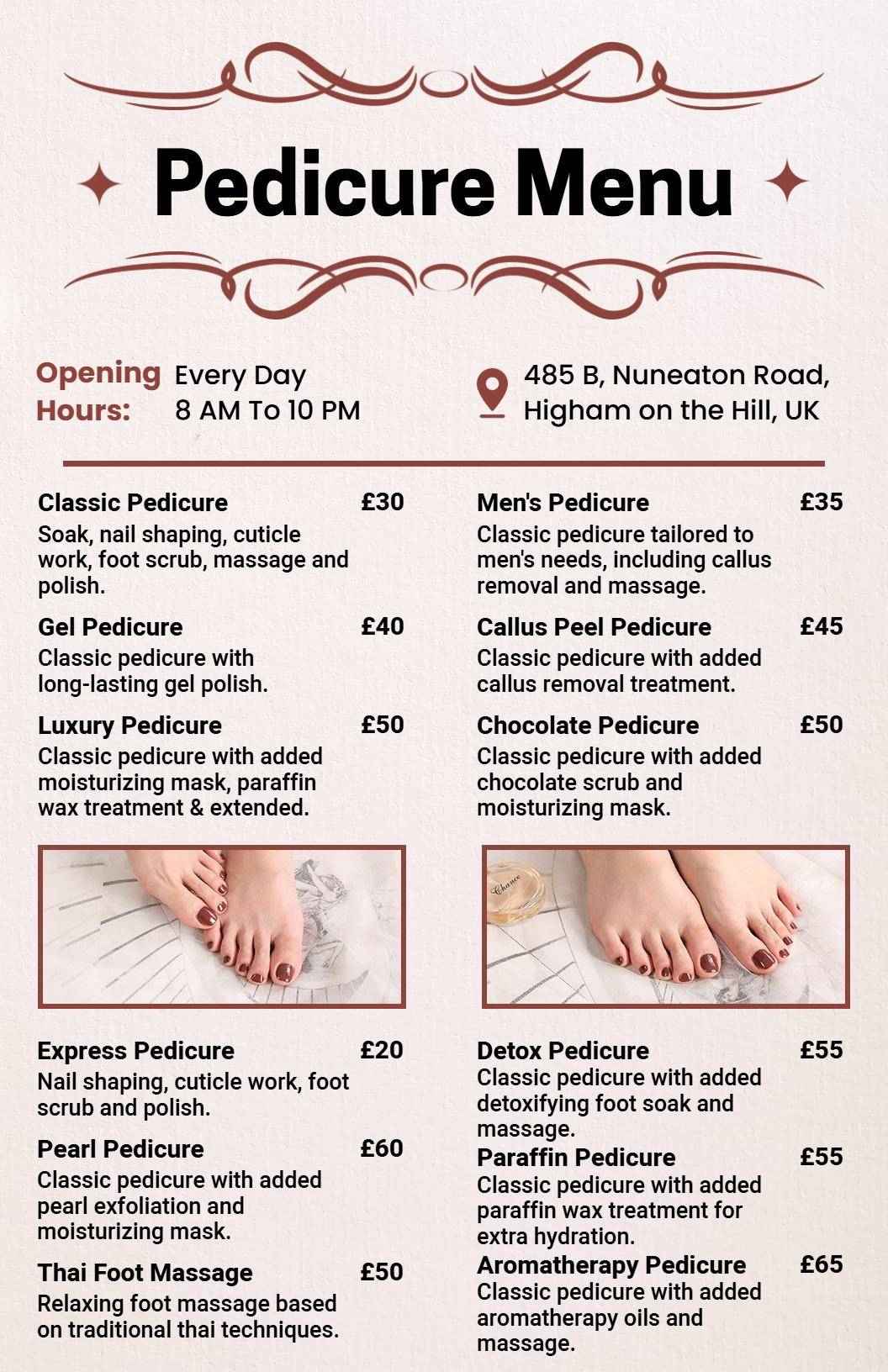 Chic Cream Pedicure Treatment List Menu Template