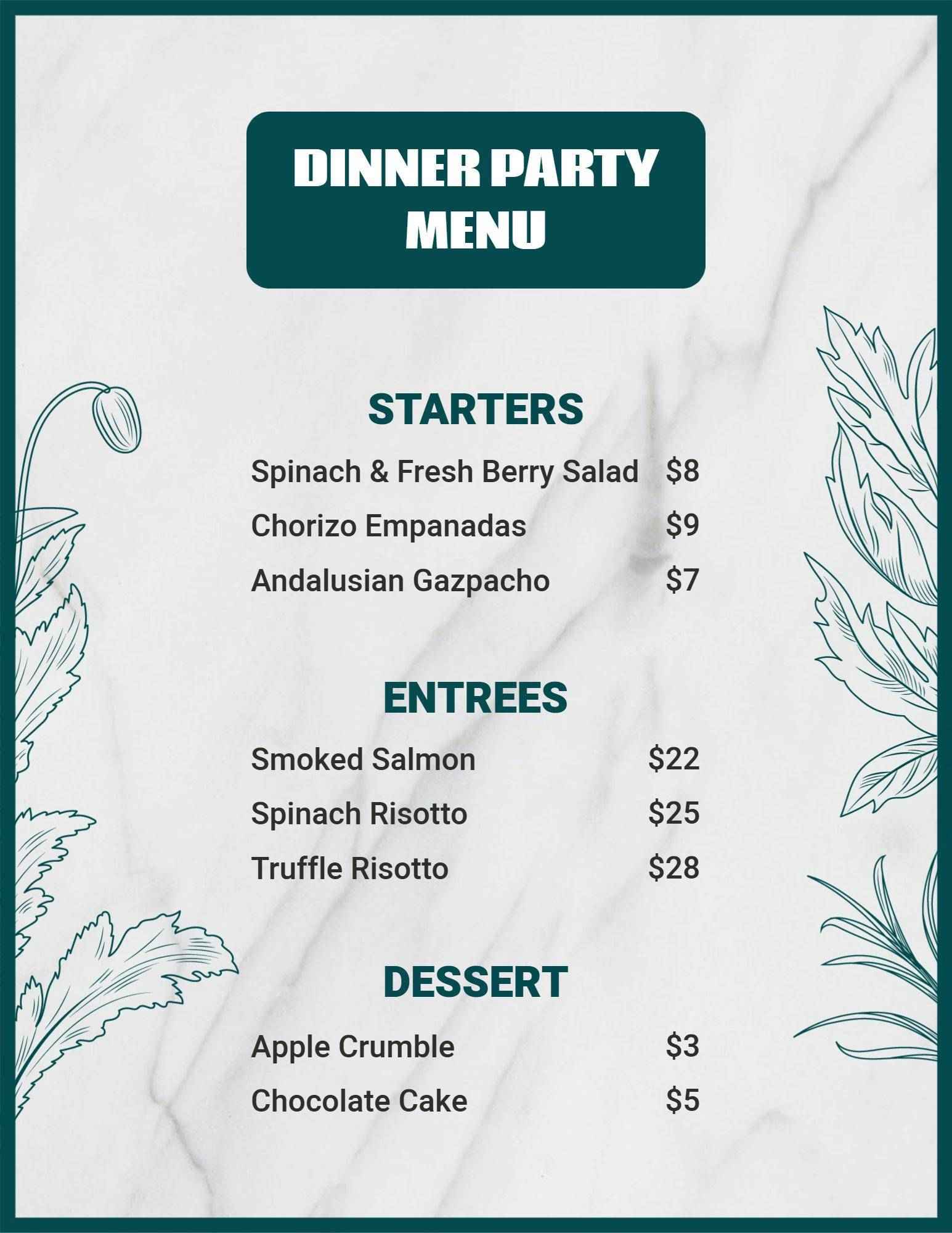 Chic Dinner Party Starters and Entrees Menu Template