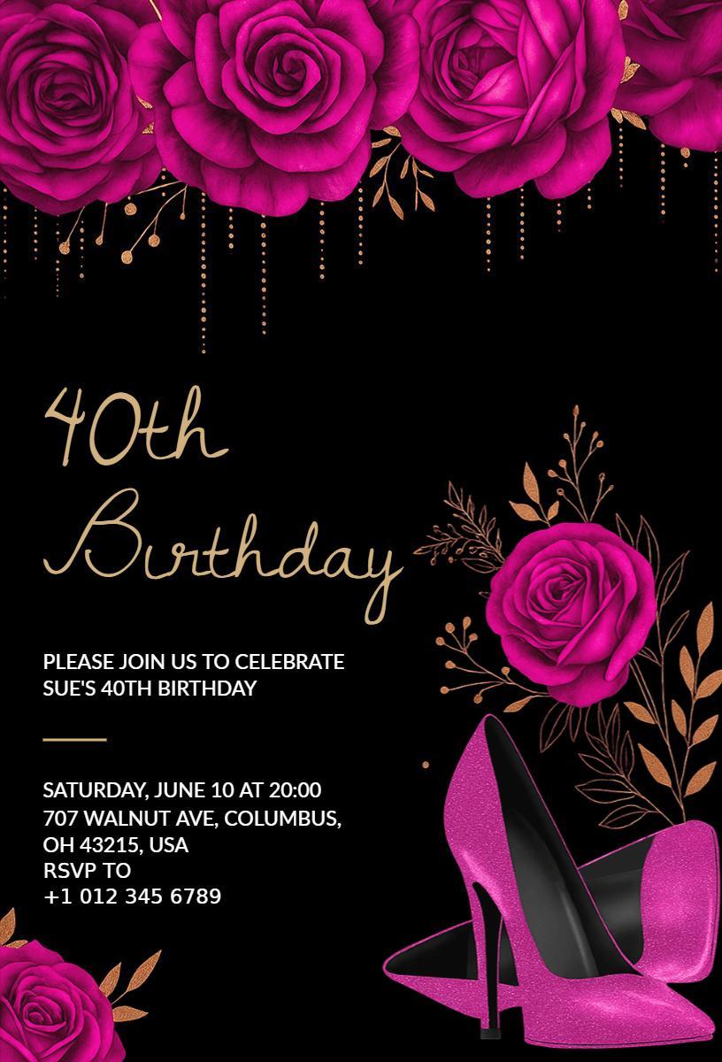 Chic Floral Black 40th Birthday Celebration Invitation Template