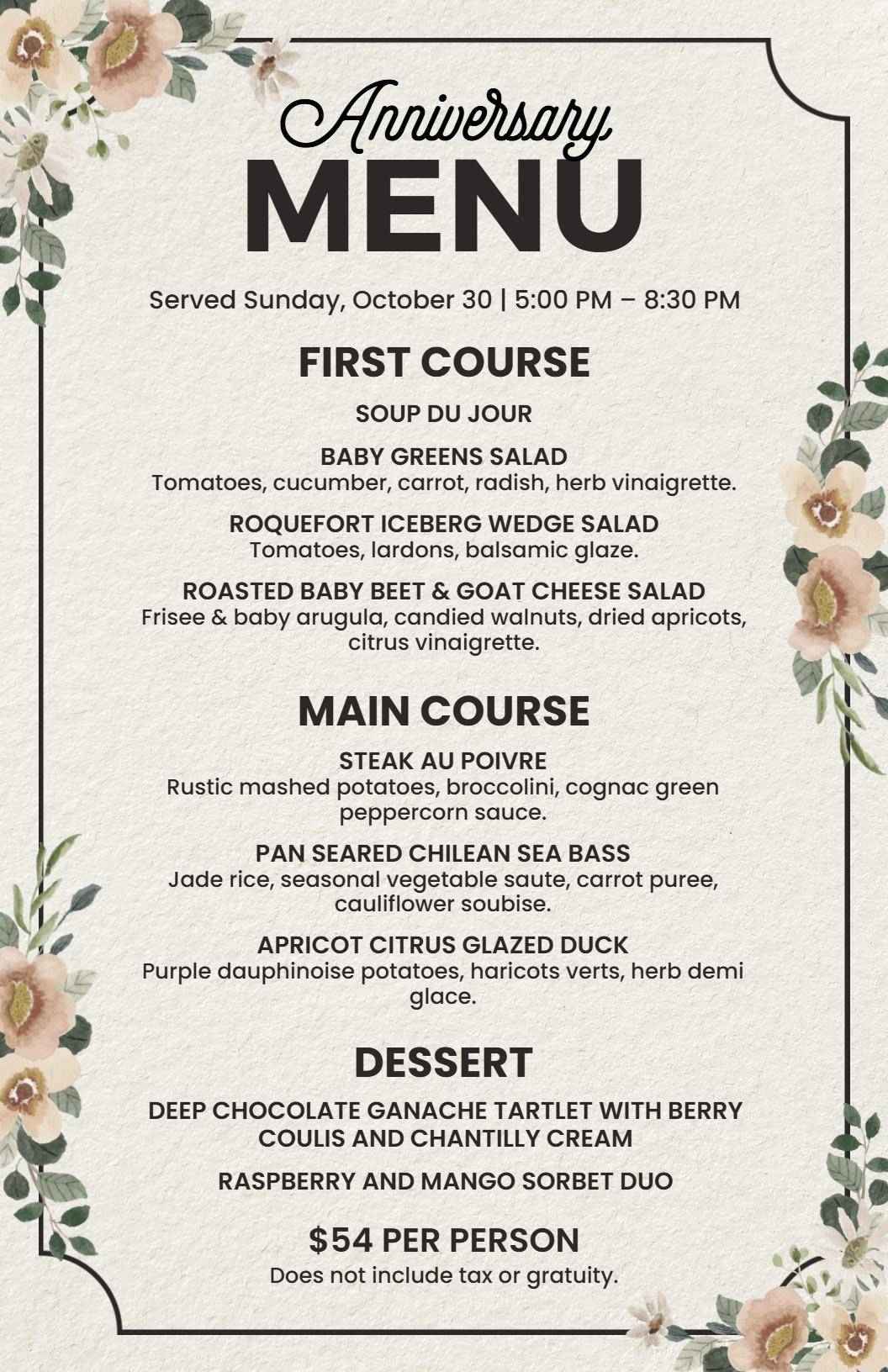 Chic Floral Motif Anniversary Dinner Event Menu Template