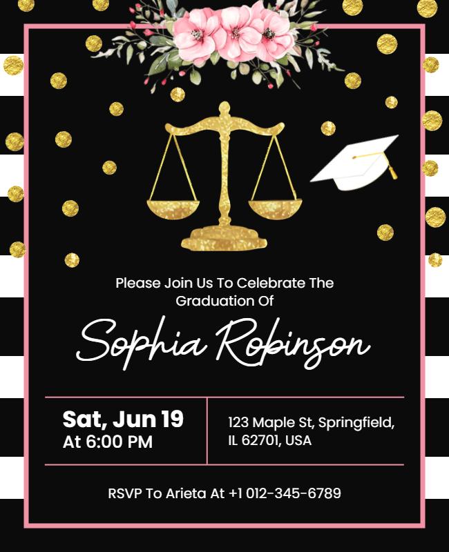 Chic Gold and Floral Law Graduation Announcement Poster Template