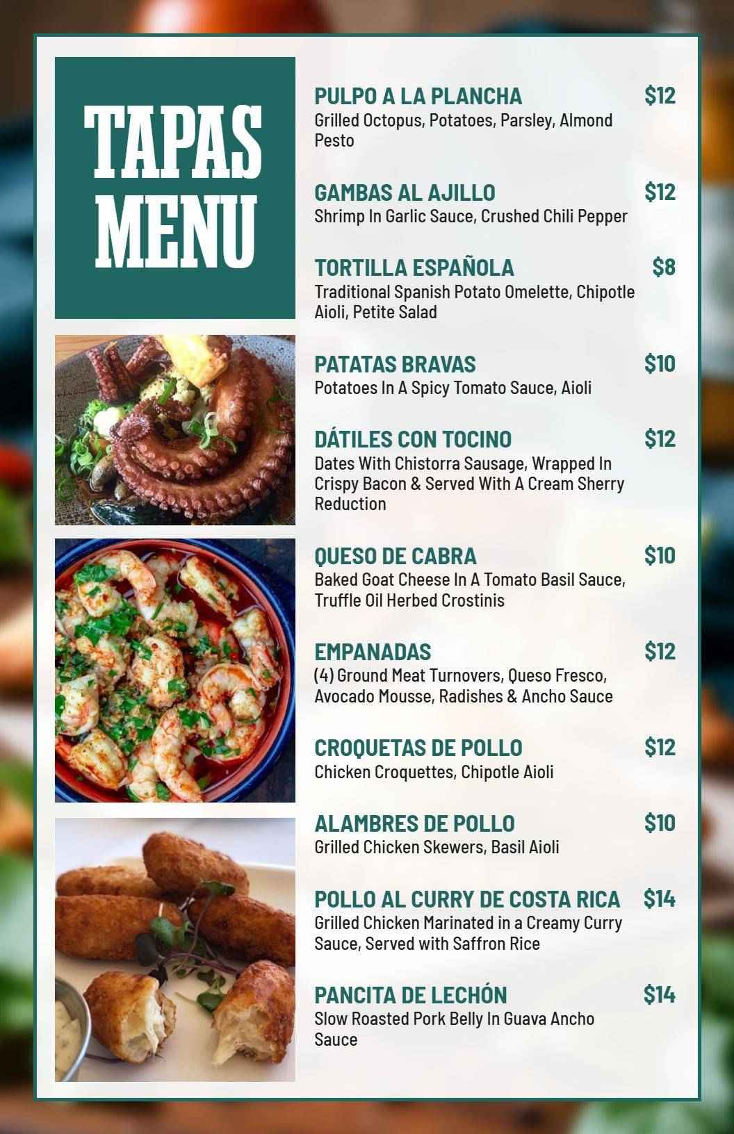 Chic Green Accents for Authentic Spanish Tapas Menu Template