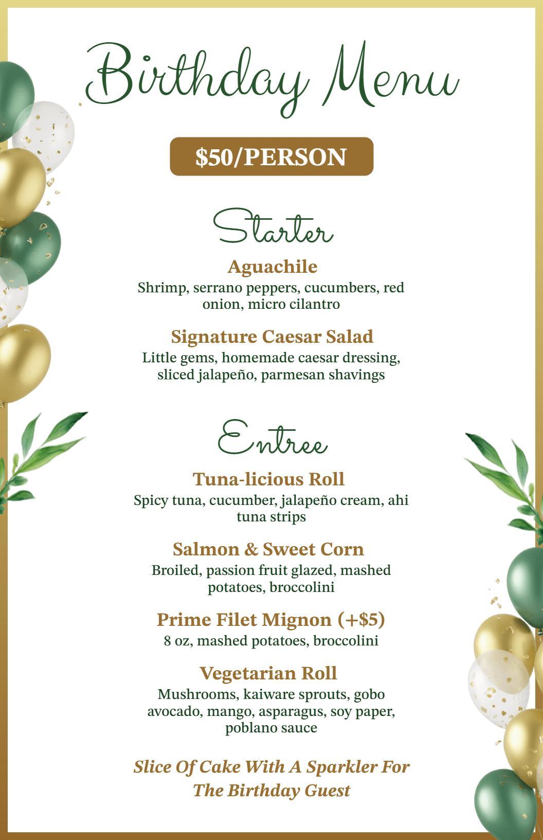 Chic Green and Gold Balloon Birthday Dinner Menu Template