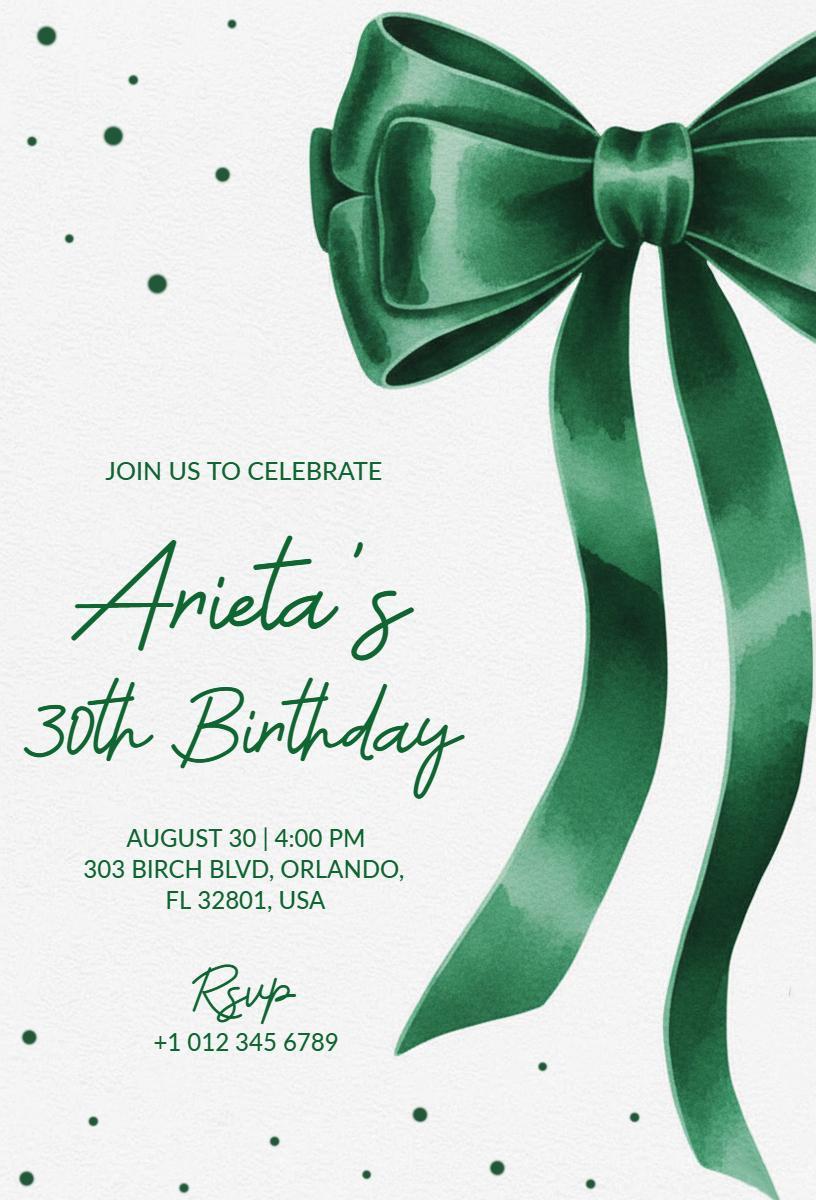 Chic Green Bow Elegant Birthday Celebration Invitation Template