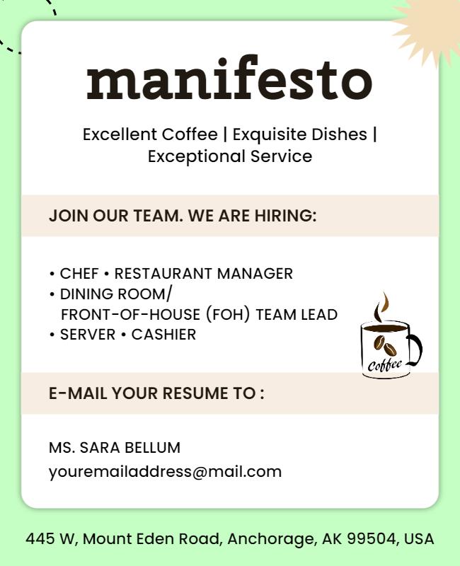 Chic Green Coffee Shop Hiring Announcement Poster Template