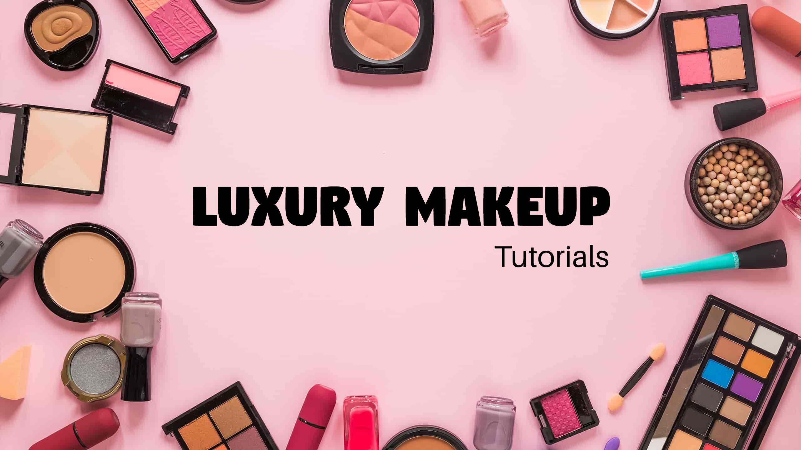 Chic Luxury Makeup Products on Soft Pink Background YouTube Banner Template