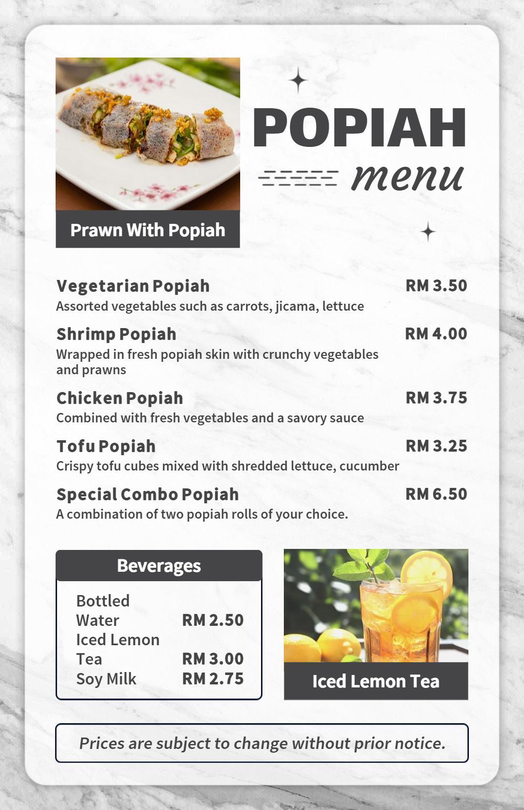 Chic Marble Design with Assorted Popiah Options Menu Template