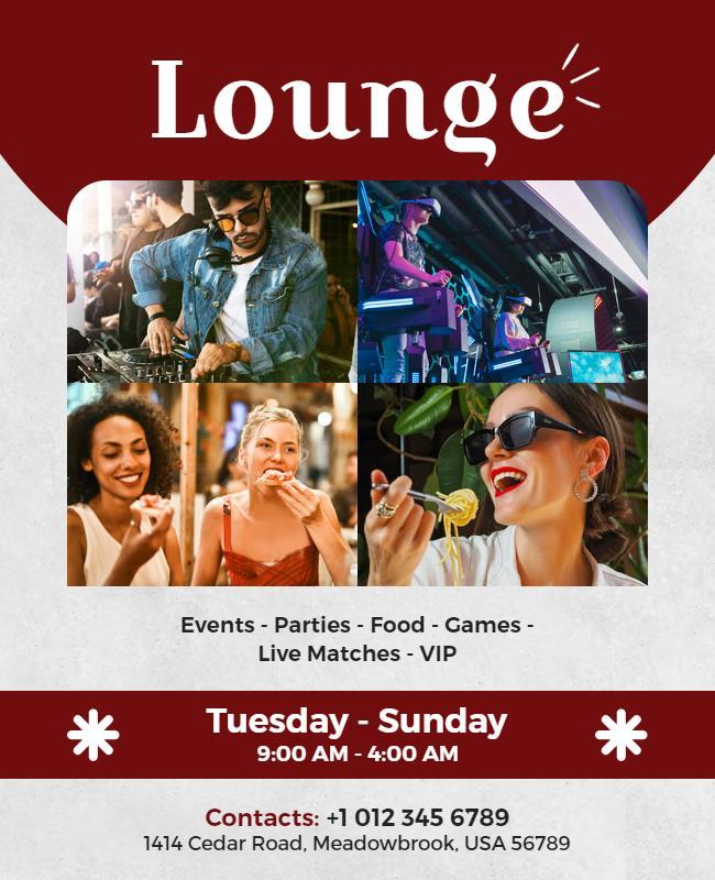 Chic Maroon Lounge Events Food and Games Poster Template