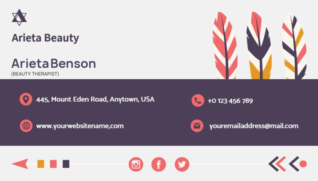 Chic Minimalist Beauty Therapy with Colorful Feathers Business Card Template