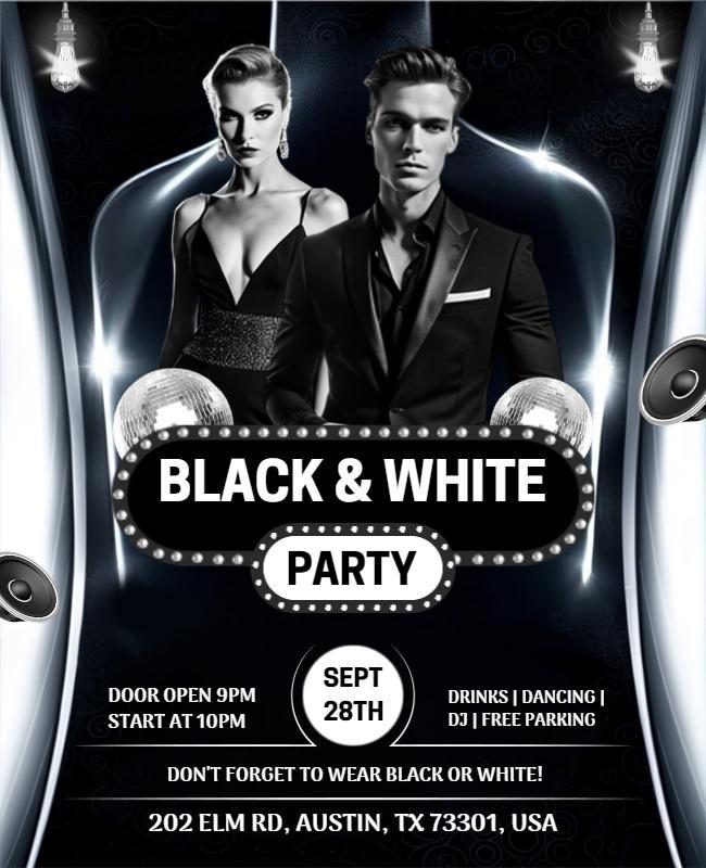 Chic Monochrome Black and White Party Invitation Poster Template