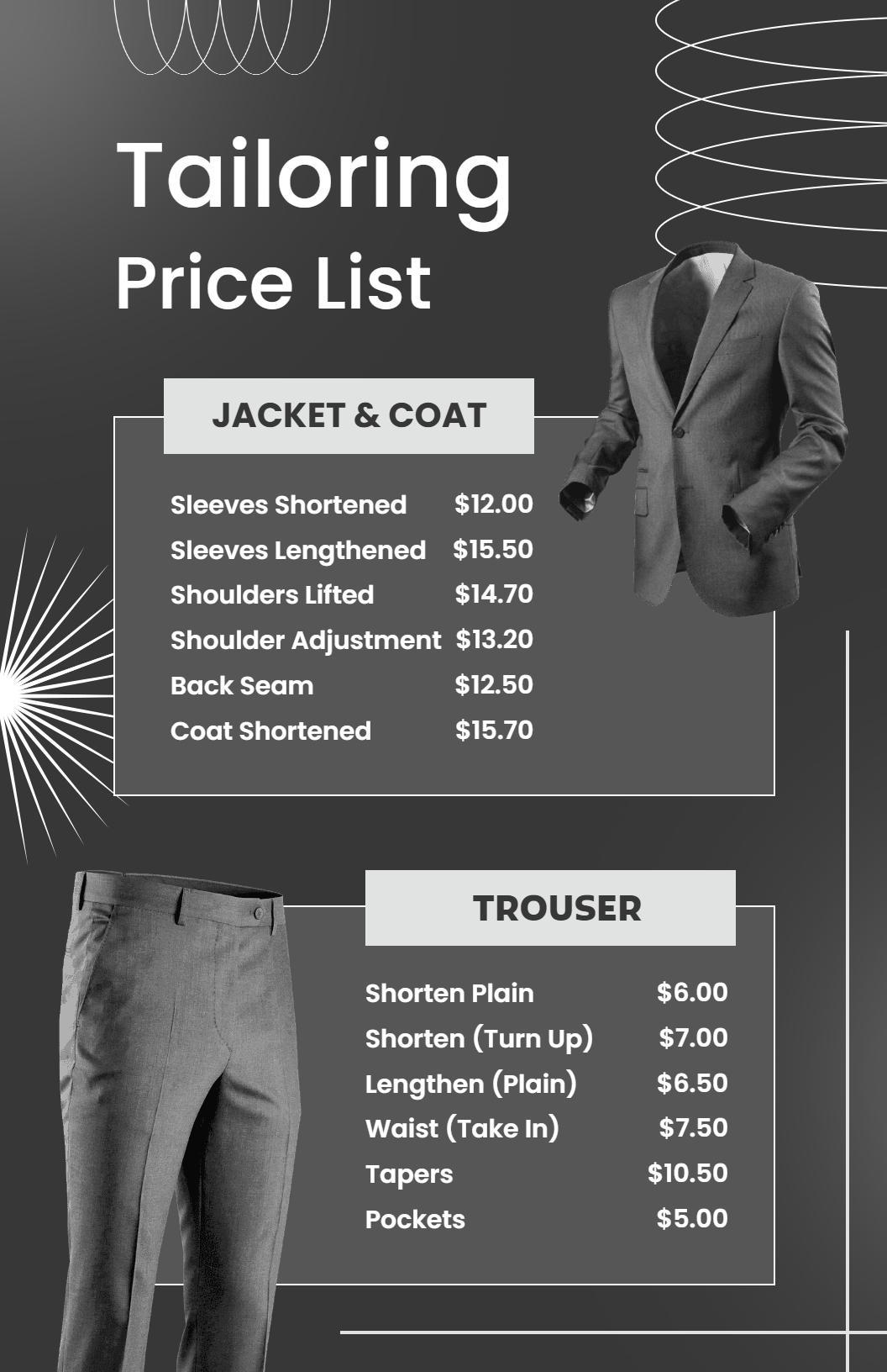 Chic Monochrome Tailored Clothing Price List Template