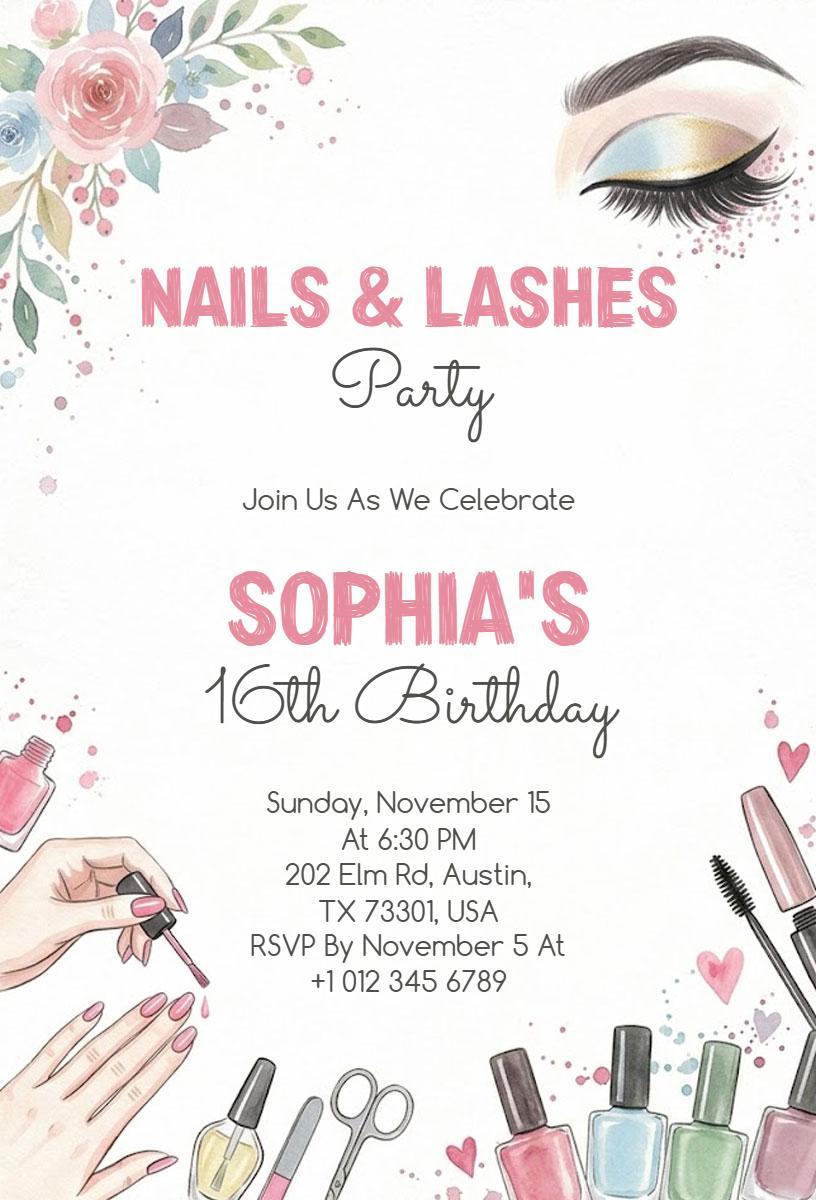 Chic Nails and Lashes Sweet 16 Birthday Celebration Invitation Template