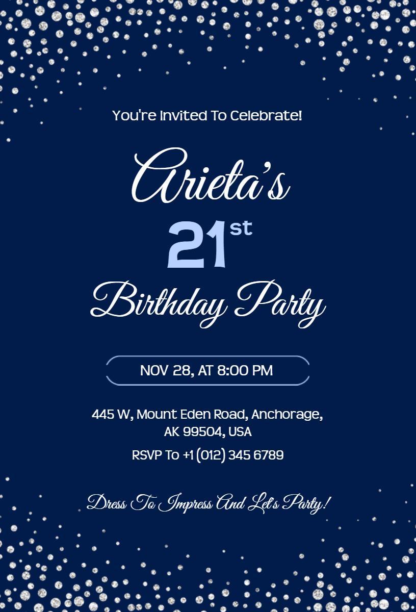 Chic Navy Blue 21st Birthday Celebration Invitation Template
