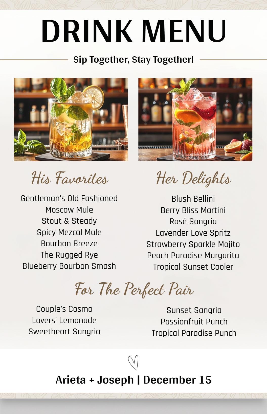 Chic Neutral Toned Wedding Reception Drink Menu Template