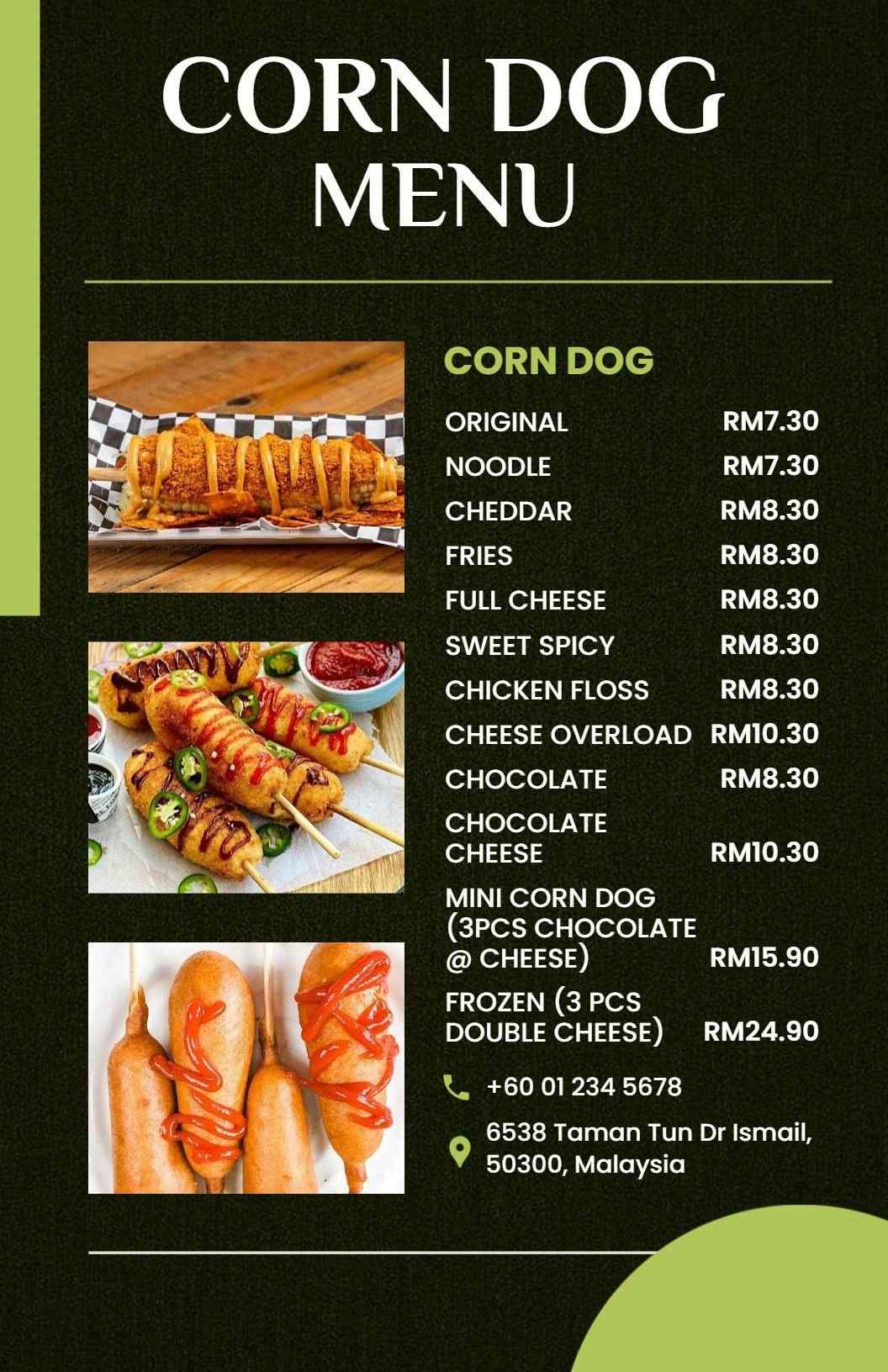 Chic Olive Toned Corn Dog Culinary Menu Template