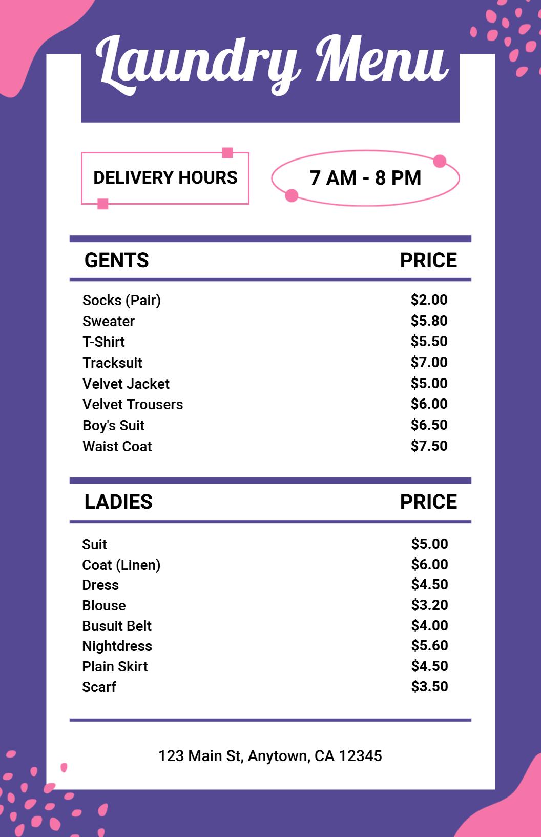 Chic Pink and Purple Laundry Pricing Menu Template