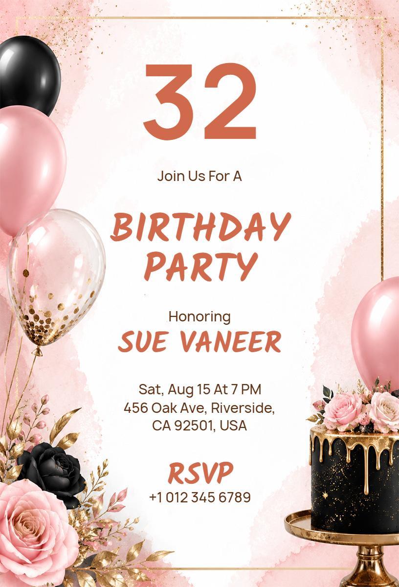 Chic Pink Balloon Theme 32nd Birthday Celebration Invitation Template