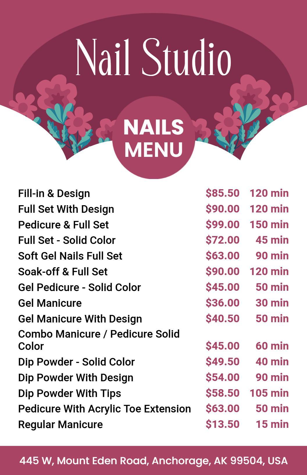 Chic Pink Floral Nail Salon Services List Menu Template