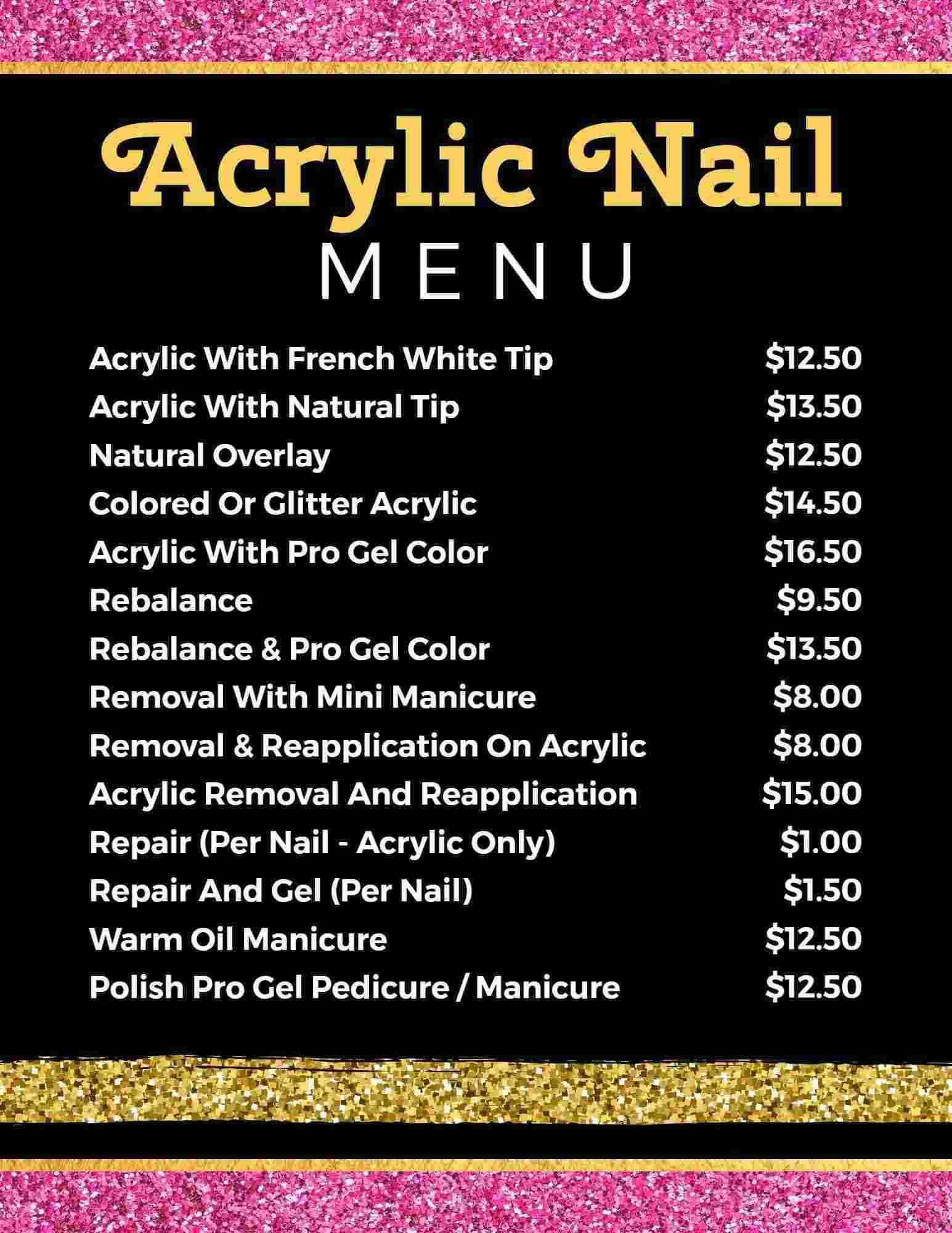 Chic Pink Glitter and Black Acrylic Nail Offers Menu Template