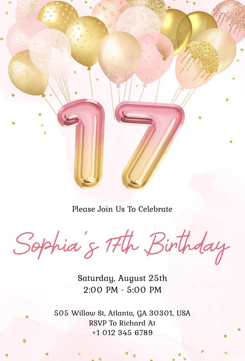 Chic Pink Gold Balloon Themed Birthday Celebration Invitation Template