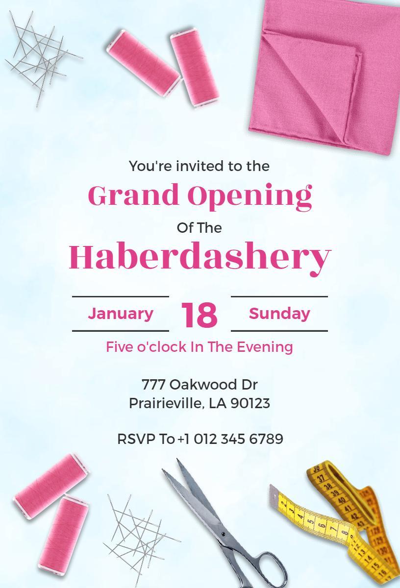 Chic Pink Haberdashery Grand Opening Celebration Invitation Template