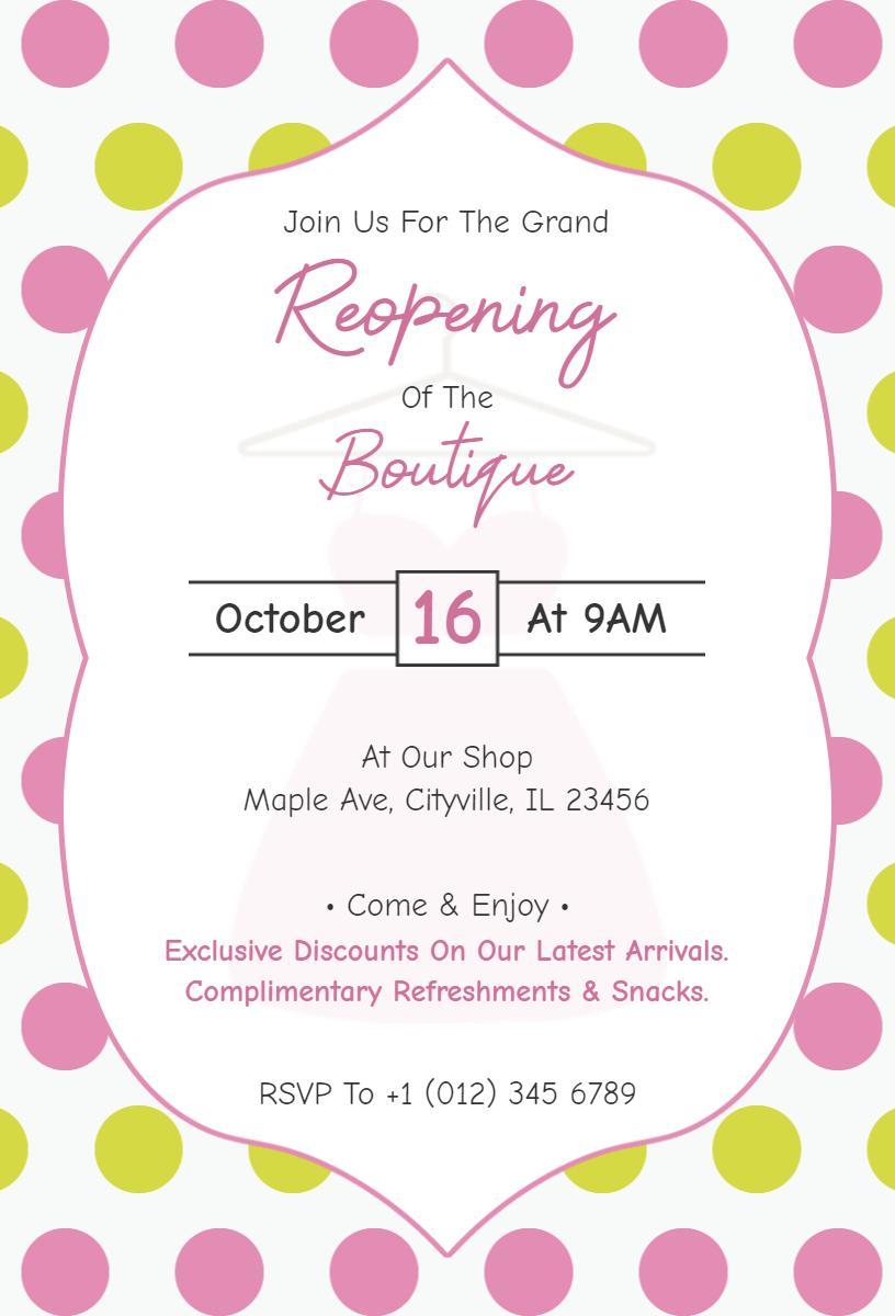 Chic Polka Dot Boutique Grand Opening Invitation Template