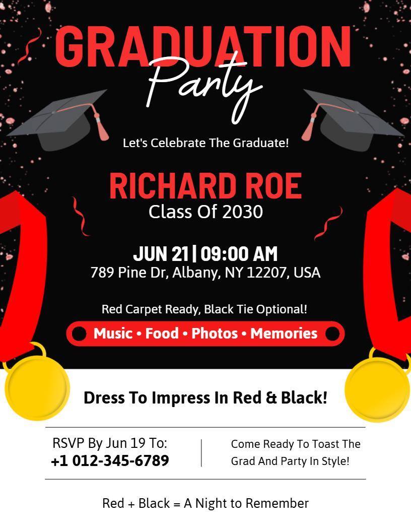 Chic Red and Black Graduation Party Celebration Flyer Template