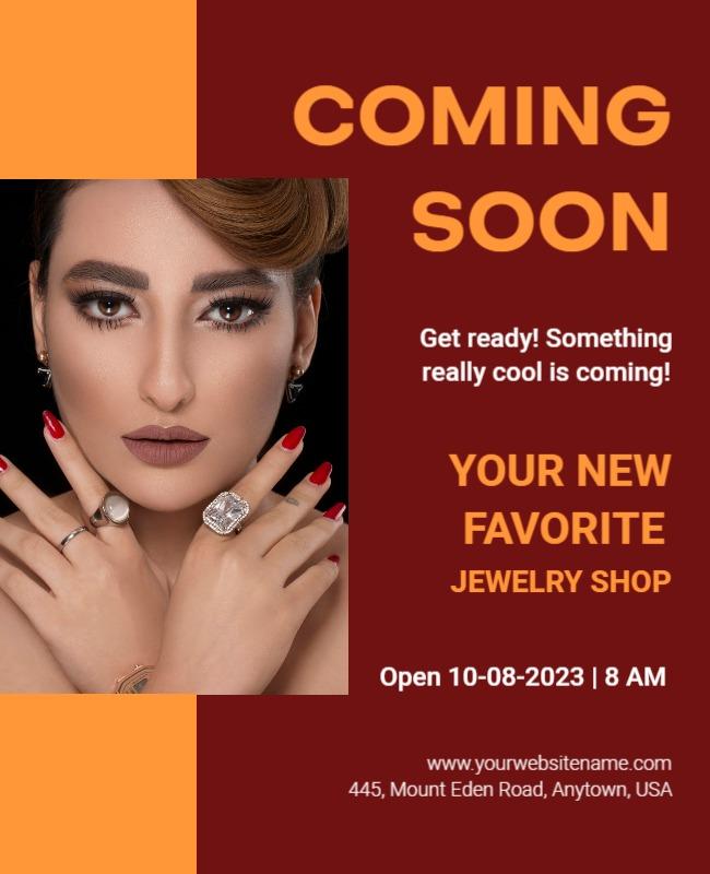 Chic Red Coming Soon Jewelry Shop Announcement Poster Template