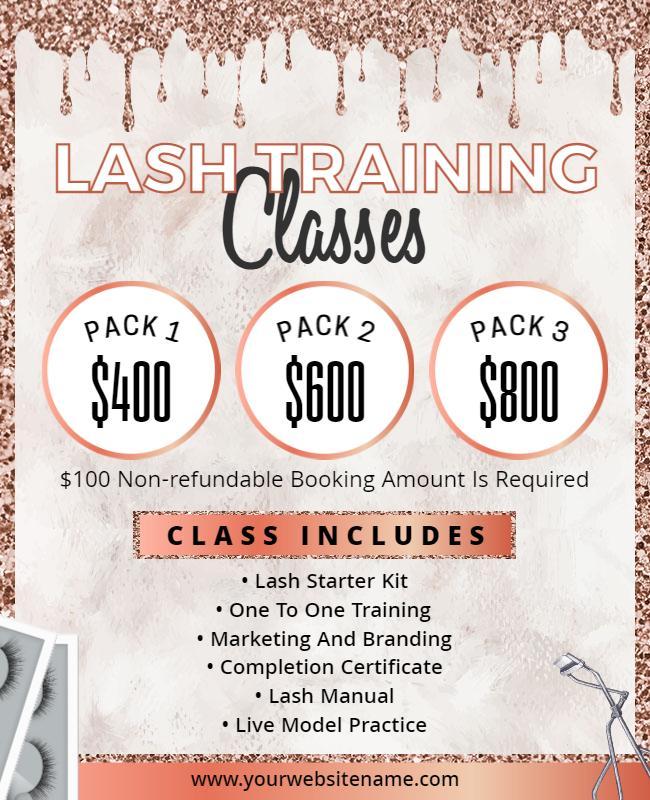 Chic Rose Gold Lash Training Classes Pricing Poster Template