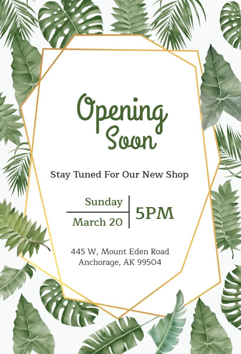 Chic Tropical Greenery Grand Opening Celebration Invitation Template