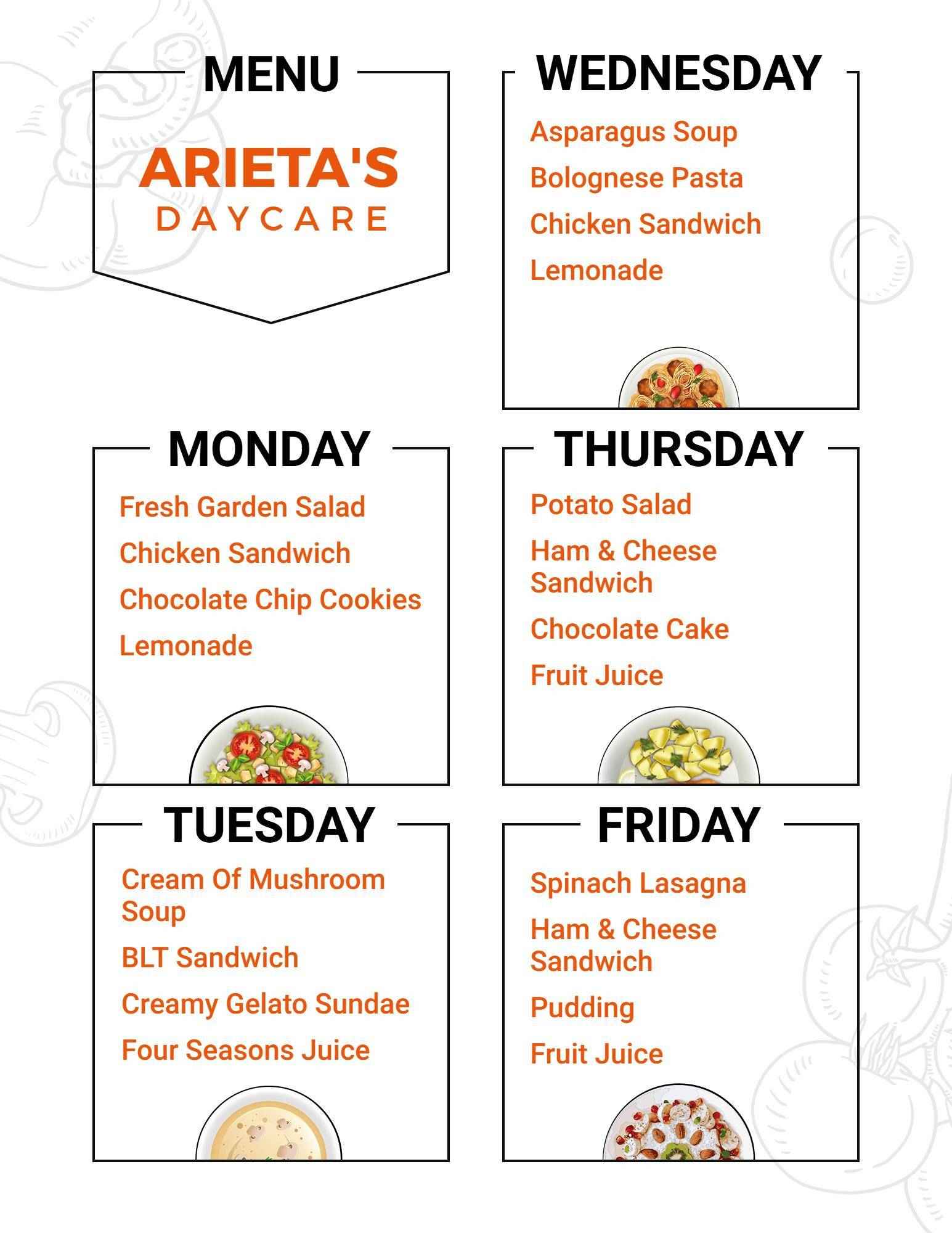 Chic White Daycare Weekly Meal Plan Menu Template