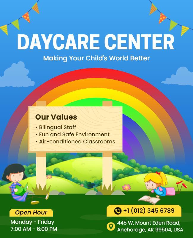 Colorful Rainbow-Themed Daycare Center Flyer Template