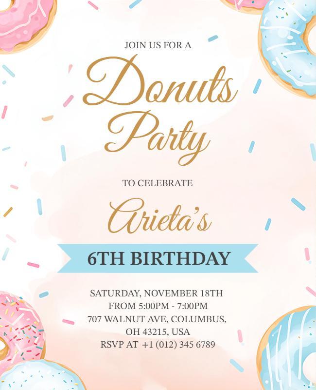 Children's Donut Party 6th Birthday Invitation Flyer Template