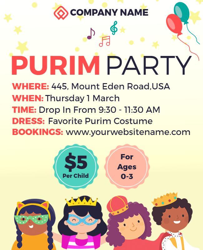 Childrens Purim Celebration Costume Party Flyer Template