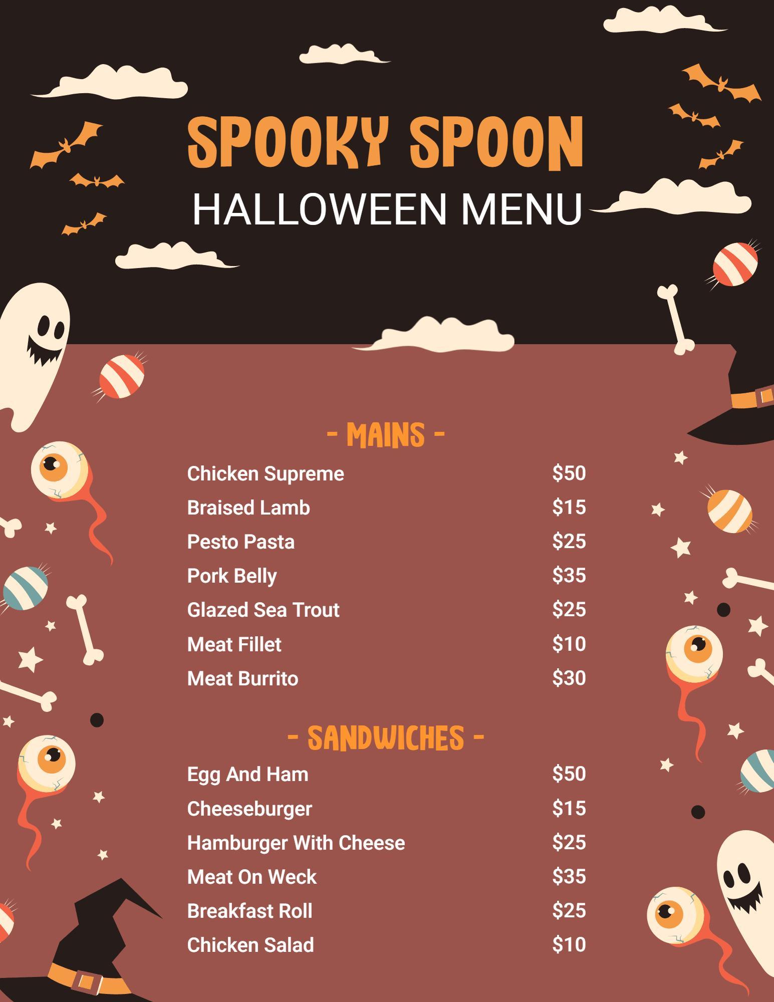 Chilling Halloween Bites with Mains and Sandwich Options Menu Template