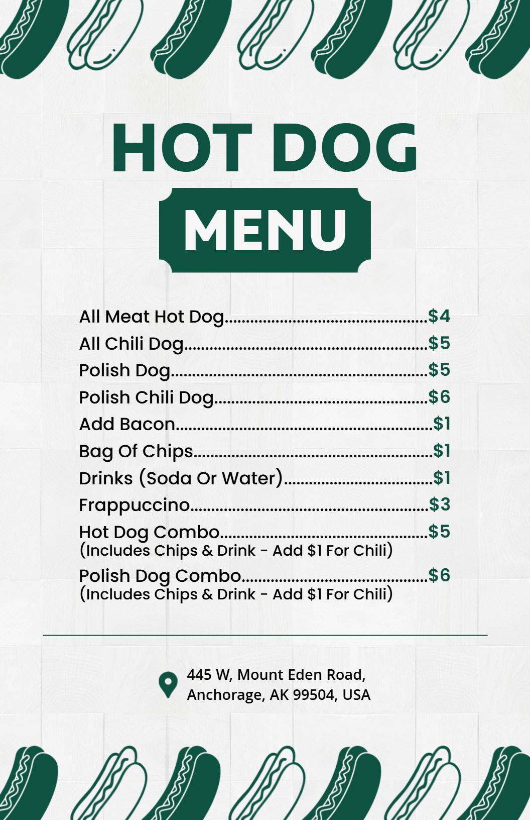 Chips and Beverages with Hot Dogs Menu Template