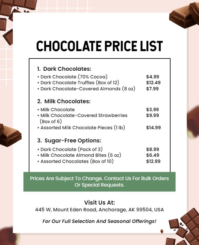 Chocolates Price List Promotional Flyer Template